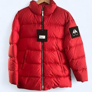 Red Puffer Jacket with Moose Knuckles Logo Patch